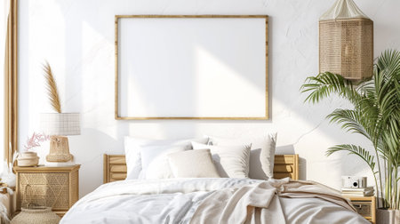 Mock up frame in cozy home interior background, coastal style bedroomの素材