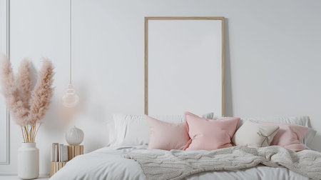 coastal interior, Mockup frame in bedroom interior background, room in light pastel colorsの素材