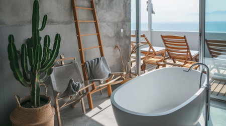 Modern Bathroom With Bathtub, Cactus Plant And Wooden Ladderの素材