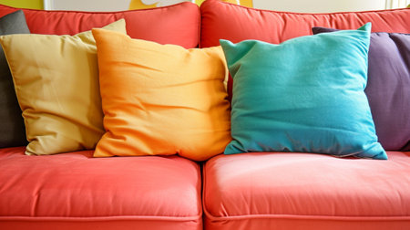 Multicolored pillow on Peach Fuzz color sofa backgroundの素材