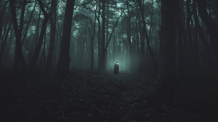 mysterious dark woods with scary ghost at nightの素材