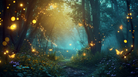 Mystical forest landscape at night with glowing lights aroundの素材