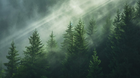 Natural Forest of Spruce Trees, Sunbeams through Fog create mystic Atmosphereの素材