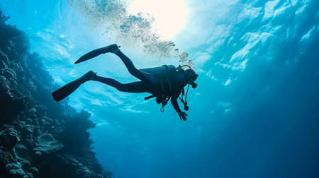 scuba diver diving on tropical reef with blue background and reef fishの素材