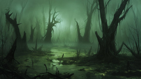 The swamp shrouded in eternal mist from which skeletal trees stretched outの素材