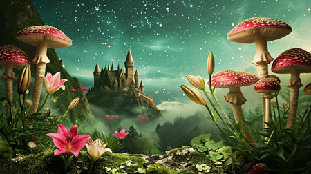 fantastic wonderland landscape with mushrooms beautiful old castle and starsの素材