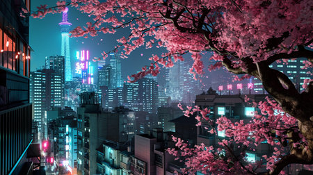 Fantasy Japanese night view city neon light pink cherry sakura treeの素材
