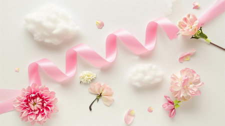 with pink ribbon, flower and cloud elementsの素材