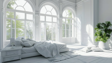 Large white bedroom with large windows, beautiful bright interiorの素材