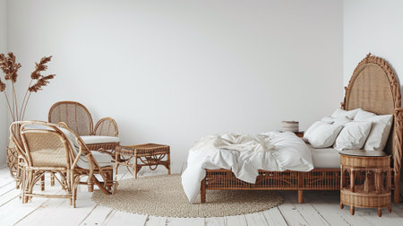 Home mockup, bedroom interior background with rattan furniture and blank wallの素材