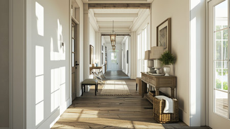 Home mockup, farmhouse hallway interior backgroundの素材