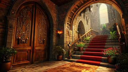 Medieval night castle interior, wooden arched door with potted flowersの素材