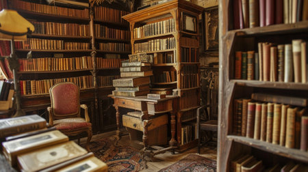 medieval room full of antique books, and a rustic bookcase, evoking historyの素材