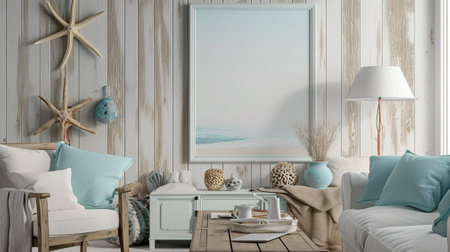 Mock up frame in bedroom interior,with sea decor and furnitureの素材