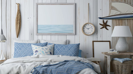 marine room with sea decor.Mock up frame in bedroom interiorの素材