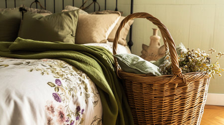 Basket next to bed with green blanket and pillows in bedroom with floral motifの素材
