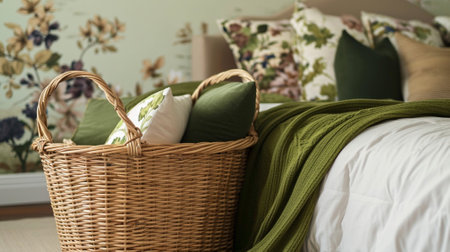 Basket next to bed with green blanket and pillows in bedroom with floral motifの素材