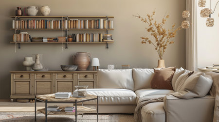 Beige living room interior with sofa and shelf with booksの素材