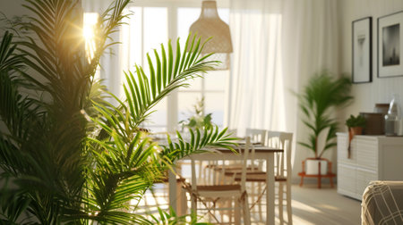 Coastal design dining room with palm plants. Cozy home interior backgroundの素材