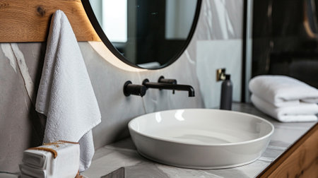 Close up of a bathroom sink, a round mirror and a towelの素材