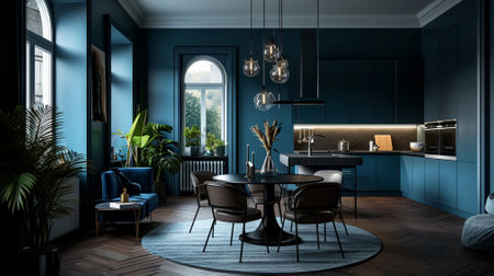 Dark home interior in blue with open kitchen and dining area with round tableの素材