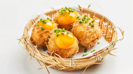 Deep fried quail eggs Plug with bamboo on white backgroundの素材