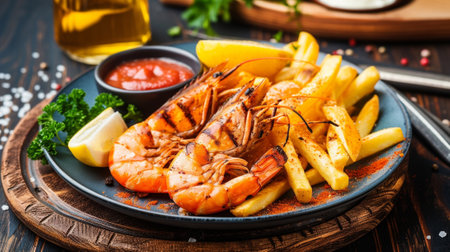 Delicious grilled king prawn with chicken fillet and homemade french fries served on a wooden tableの素材