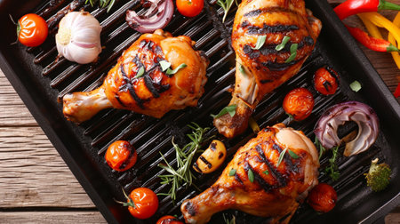 Two grilled chicken legs and vegetables on the grill pan closeupの素材