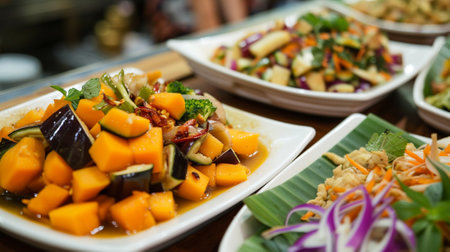 Famous side dish menu in Thai restaurant. Cucumber, eggplant, pumpkin, cabbage and okraの素材