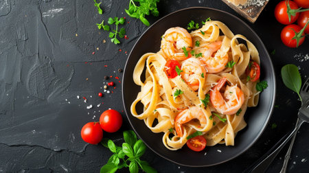 Fettuccine pasta with shrimp, tomatoes and herbs. Top viewの素材
