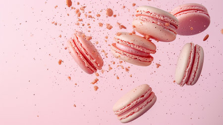 French macarons flying in the air among the crumbs on pink backgroundの素材