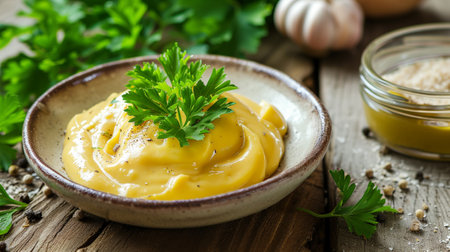 French mustard, sauce and parsley in a ceramic plate on a wooden kitchen tableの素材