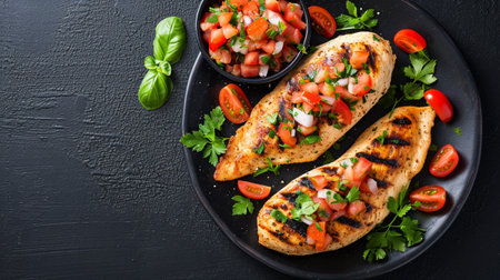 Grilled chicken breast with fresh tomato salsa on black plateの素材