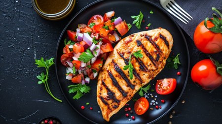 Grilled chicken breast with fresh tomato salsa on black plateの素材