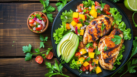 Grilled chicken with side dish salad from avocado, mango, tomato salsaの素材