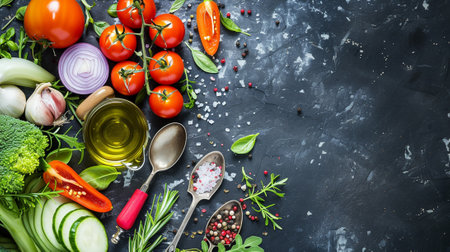 Healthy food background with various vegetables ingredientsの素材