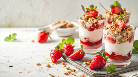Healthy breakfast of strawberry parfaits made with fresh fruit, yogurt and granolaの素材