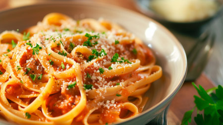 Handcrafted pasta twirls with a flavorful, homemade sauce, garnished with fresh herbsの素材