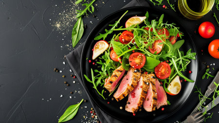 Grilled tuna steak with vegetables, tomatoes, arugula and lettuce side dish salad served on plateの素材