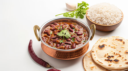 Kidney bean curry or rajma or rajmah chawal and rice roti on white backgroundの素材