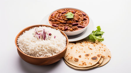 Kidney bean curry or rajma or rajmah chawal and rice roti on white backgroundの素材