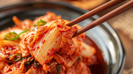 Kimchi cabbage eating by chopsticks, Korean homemade fermented side dish foodの素材