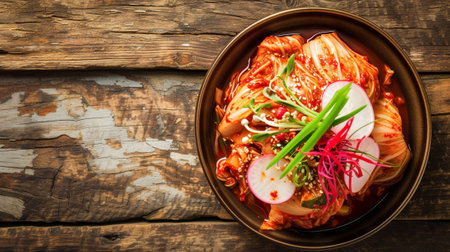 Kimchi cabbage, radish and cucumber on wooden backgroundの素材