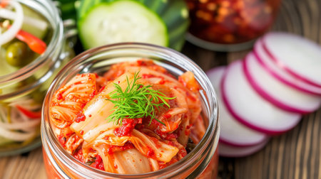 Kimchi cabbage, radish and cucumber on wooden backgroundの素材