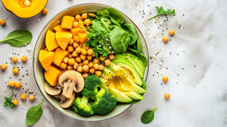 healthy vegan lunch bowl with Avocado, mushrooms, broccoli, spinach, chickpeas, pumpkin on a lightの素材