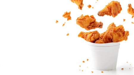 Fried chicken flying out of paper bucket isolated on white background on white backgroundの素材