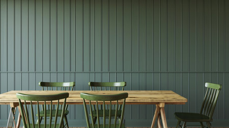 Wooden dining room mockup with wooden table and green chairs on empty wallの素材