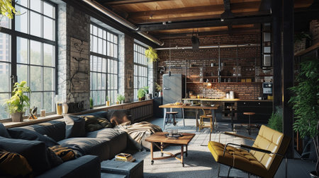 Amazing apartment interior in designed in industrial style with brick on the wallの素材