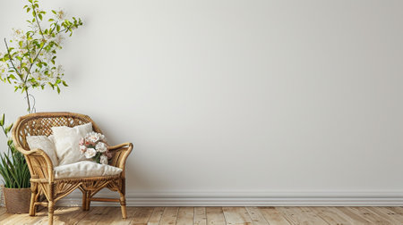 Living room interior with wicker armchair and flower, white wall mock up backgroundの素材