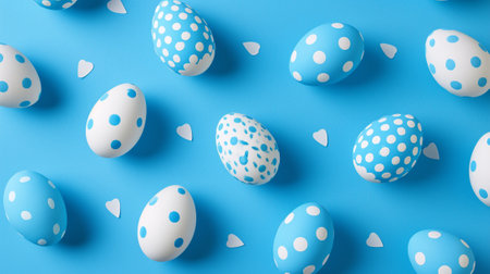 Pattern of blue and white Easter eggs over blue backgroundの素材